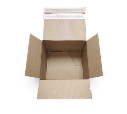 Shipping box with self-adhesive strip and tear thread 'B'