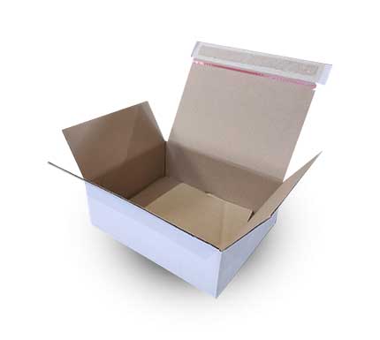Shipping box with self-adhesive strip and tear thread 'B'